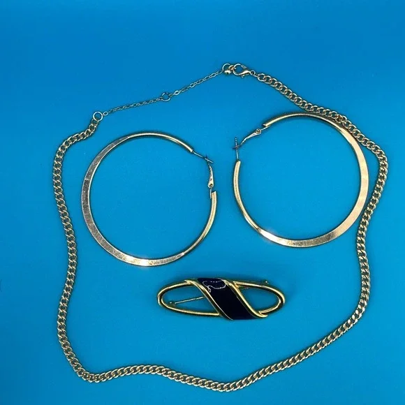 Gold Tone Jewelry Lot Curb Chain Necklace Large Flat Hoop Earrings Enamel Brooch - Picture 7 of 9